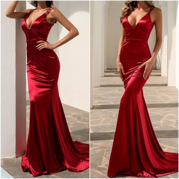 Luxe Baby Blue Satin Sexy Evening Prom Wedding Formal Prom Dress - Picture 4 of 9